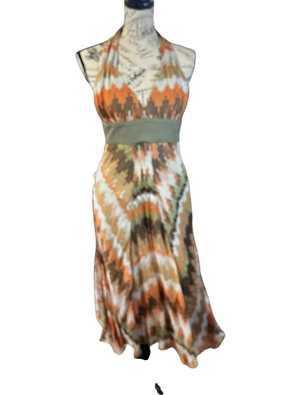Sleeveless V-Neck Silk Halter Maxi Dress in Orange and Green 4